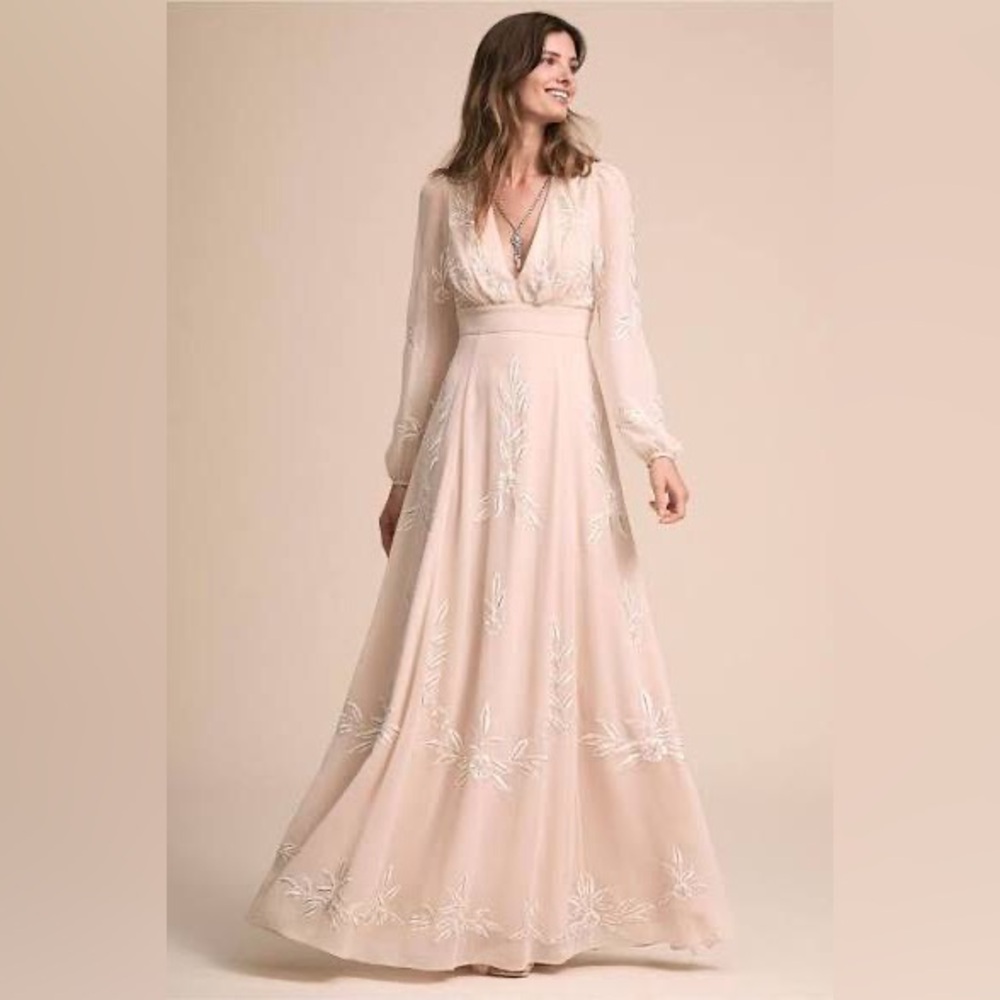 BHLDN Belize Embroidered A-Line Long-Sleeve V-Neck Gown, size 6